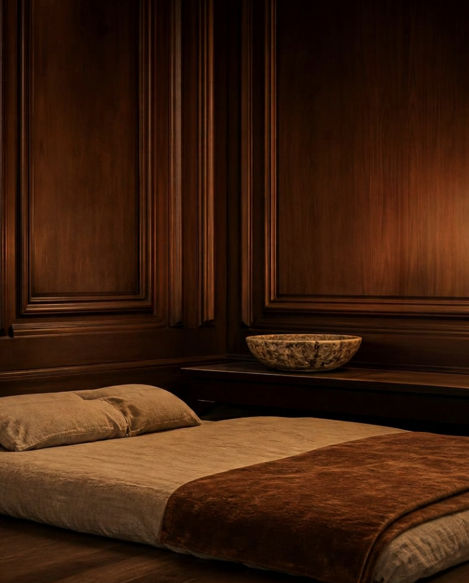 Futon bas et boiseries chaudes — suite de méditation Zentra